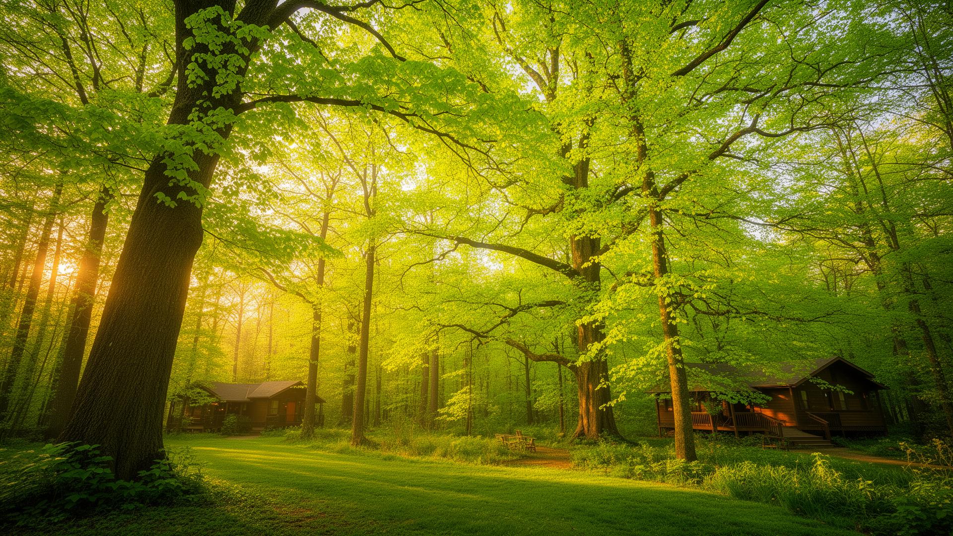 A lush green forest retreat with cabins at golden hour
